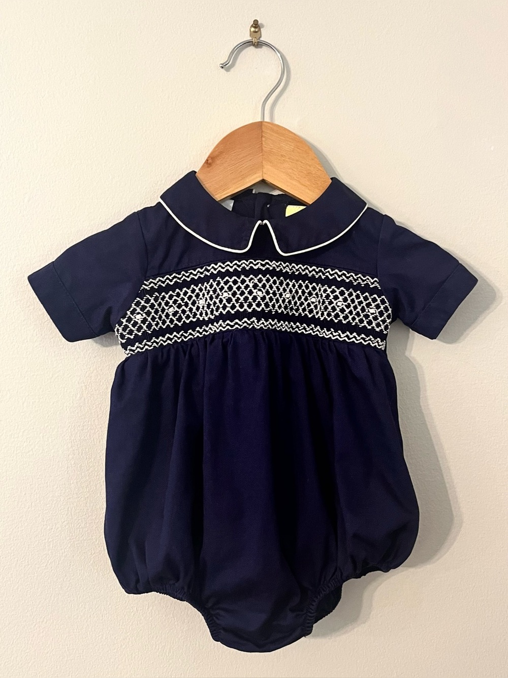 SOUTHERN SUNSHINE KIDS Navy Smocked Collared Bubble Baby Boy 0-3M EUC
